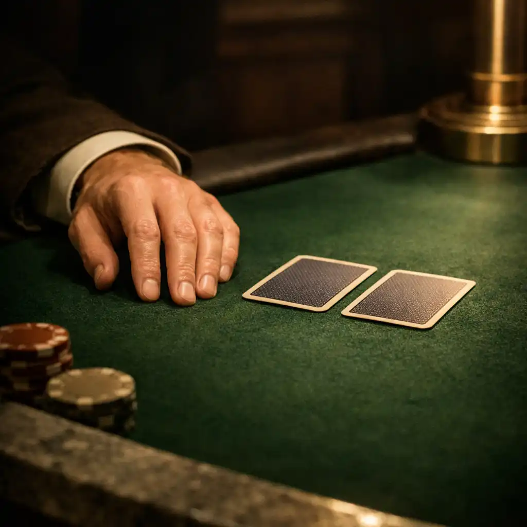 A hand resting beside face-down cards on deep green felt with warm brass light.