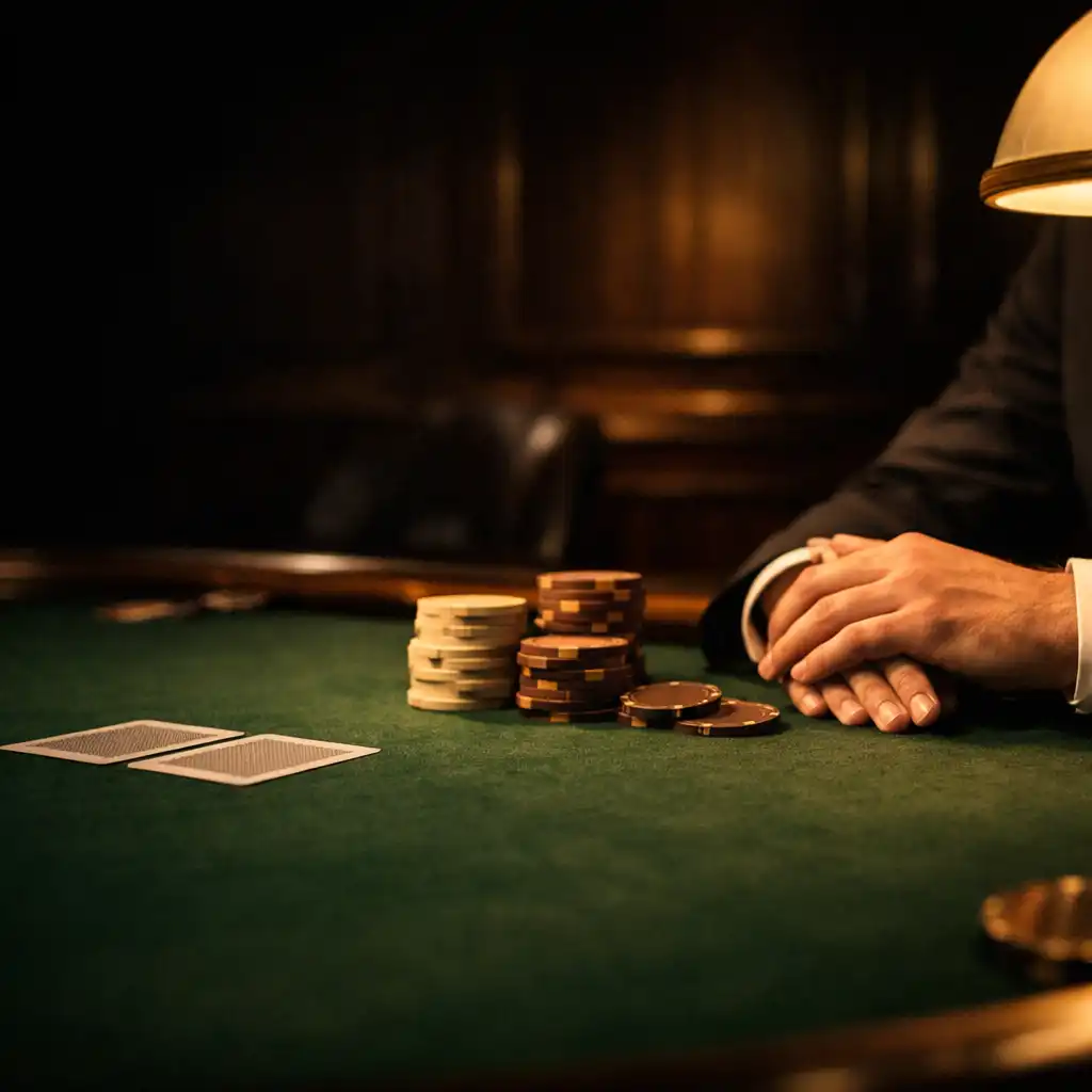 Hands, cards and restrained chips on a green felt poker table under warm lamp light.
