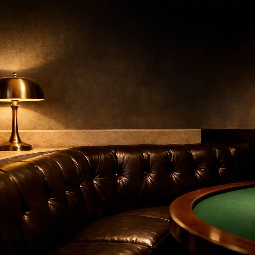 A low brass lamp lighting dark leather, pale stone and the distant edge of a green felt table.