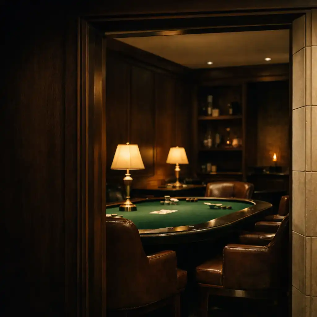 A dark timber doorway framing a green felt table, leather chair and warm brass lamp in the Card Lounge.