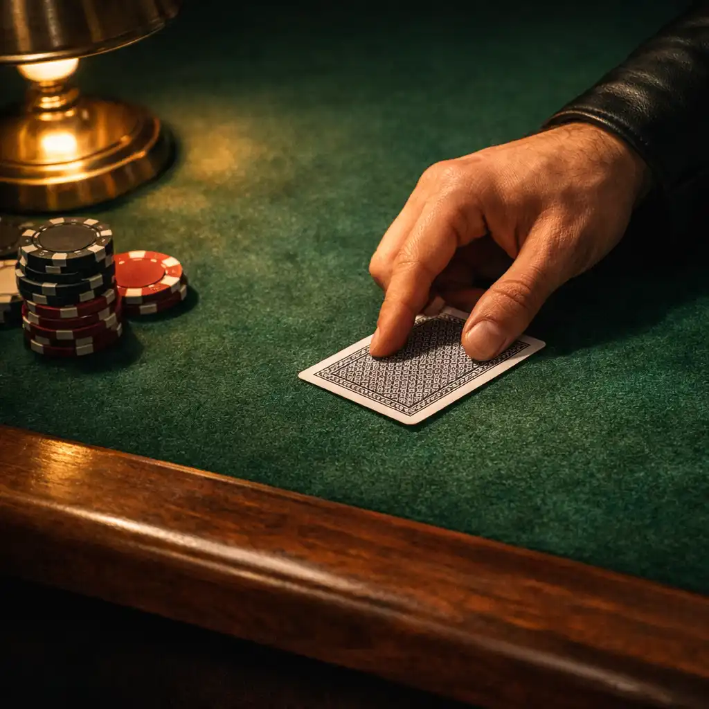 A hand placing a card on textured green felt beside restrained chips and a warm lamp reflection.