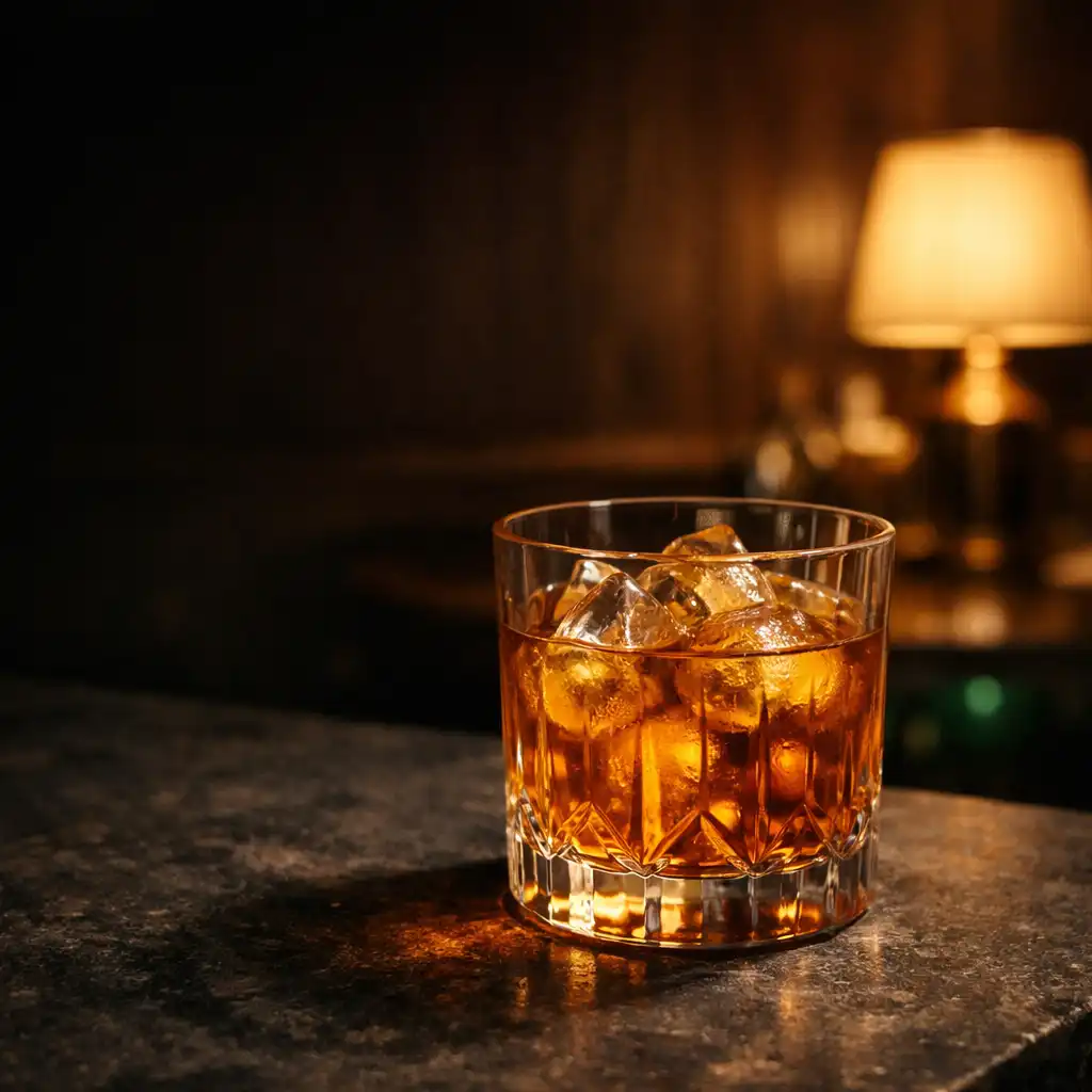 An amber cocktail on dark stone with warm lamp light and a faint green reflection