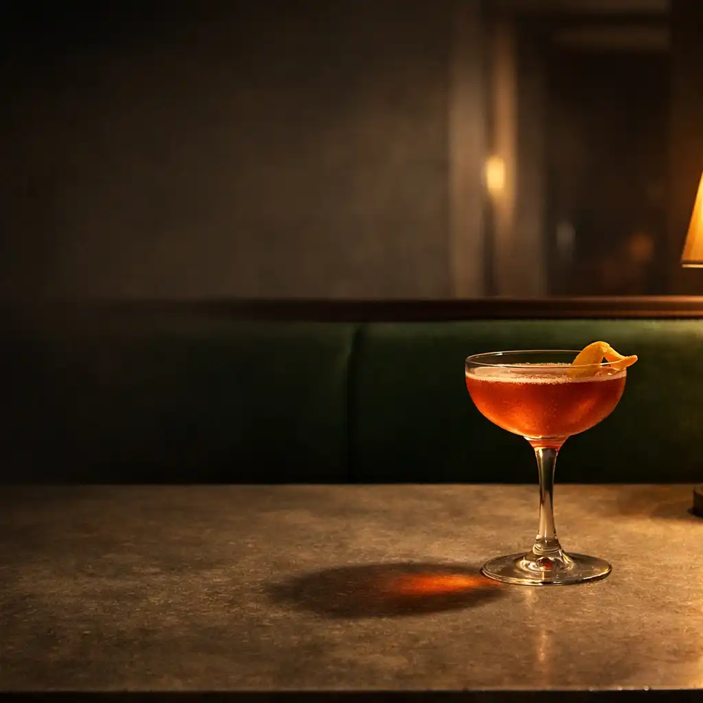 A composed cocktail on stone beneath soft brass light near a shadowed architectural threshold.