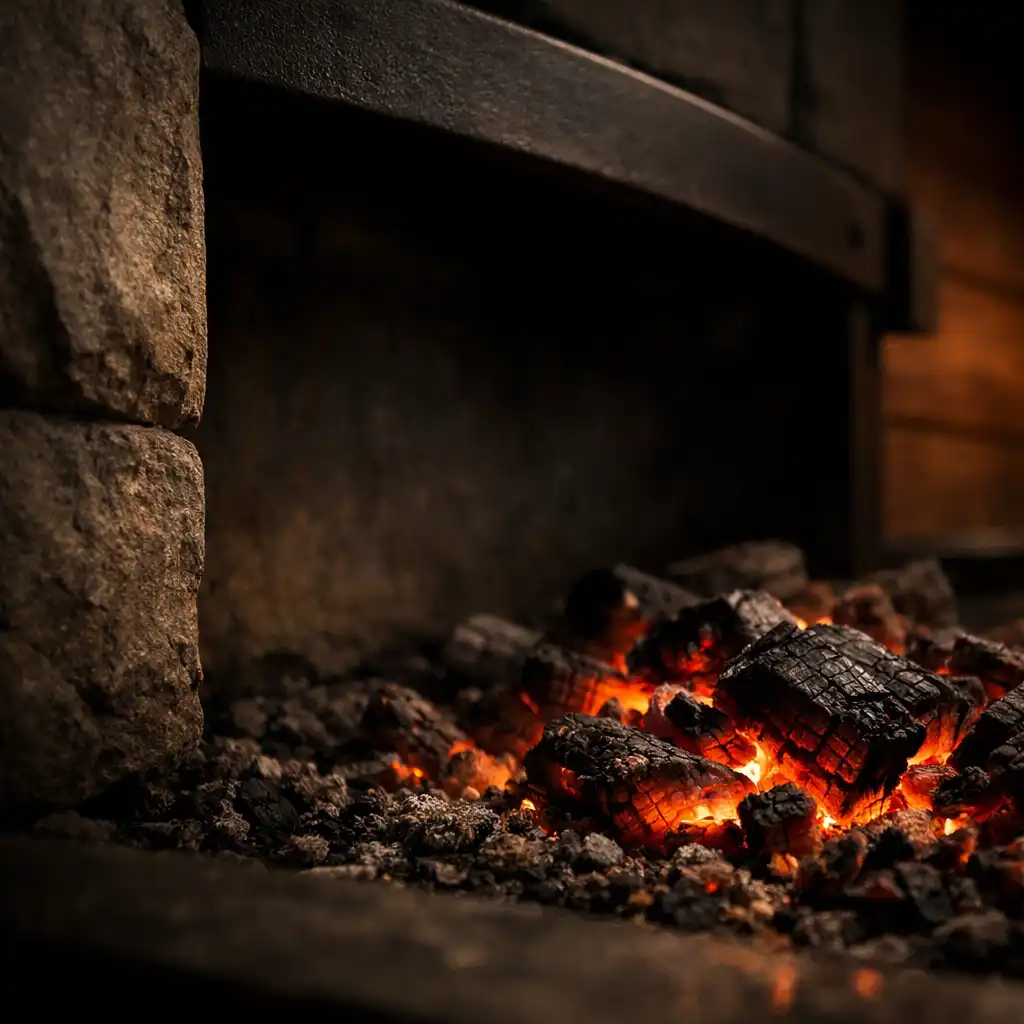 Glowing wood embers framed by stone in a refined restaurant hearth