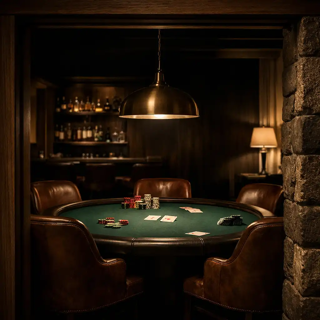 A refined green-felt poker table beneath a warm lamp in the physical Card Lounge