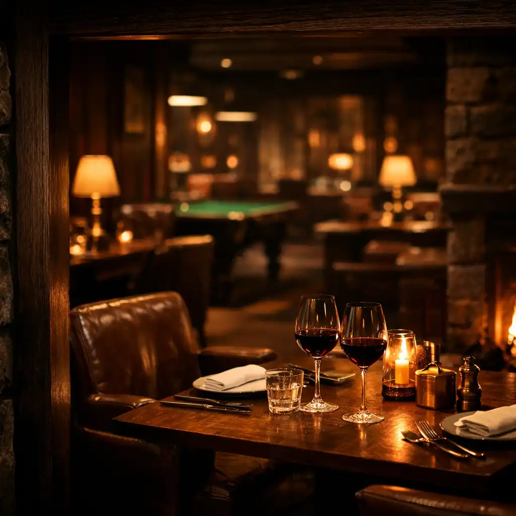 Warmly set dining table viewed through a dark stone and timber threshold toward a green-felt lounge