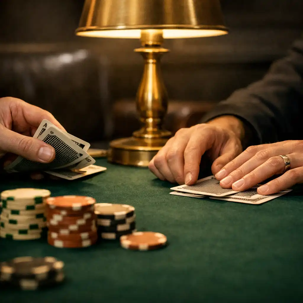 Hands arranging physical cards and chips on a deep green felt poker table under warm lamp light