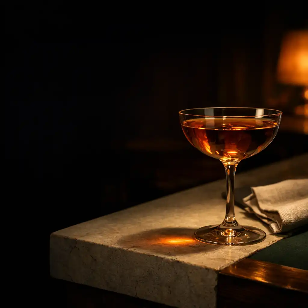 Cocktail on pale stone beside a deep green felt surface under warm light