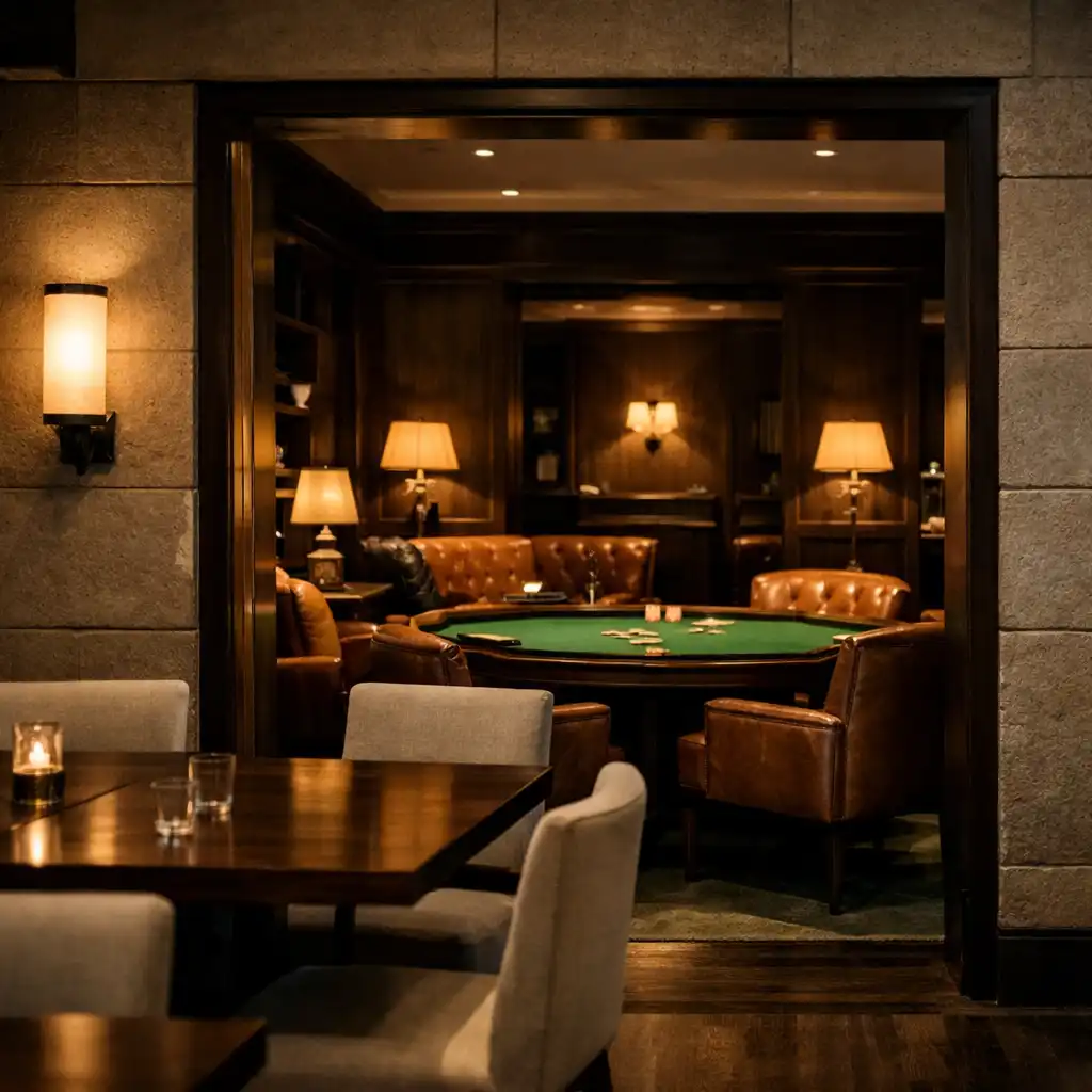 Timber dining room opening through a threshold toward leather seating and a deep green felt card table