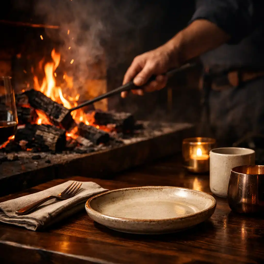 Chef tending glowing woodfire beside a partially set dark timber table