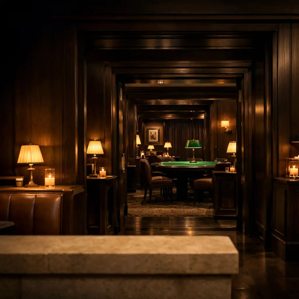 Timber-framed interior threshold leading from restaurant warmth toward green felt