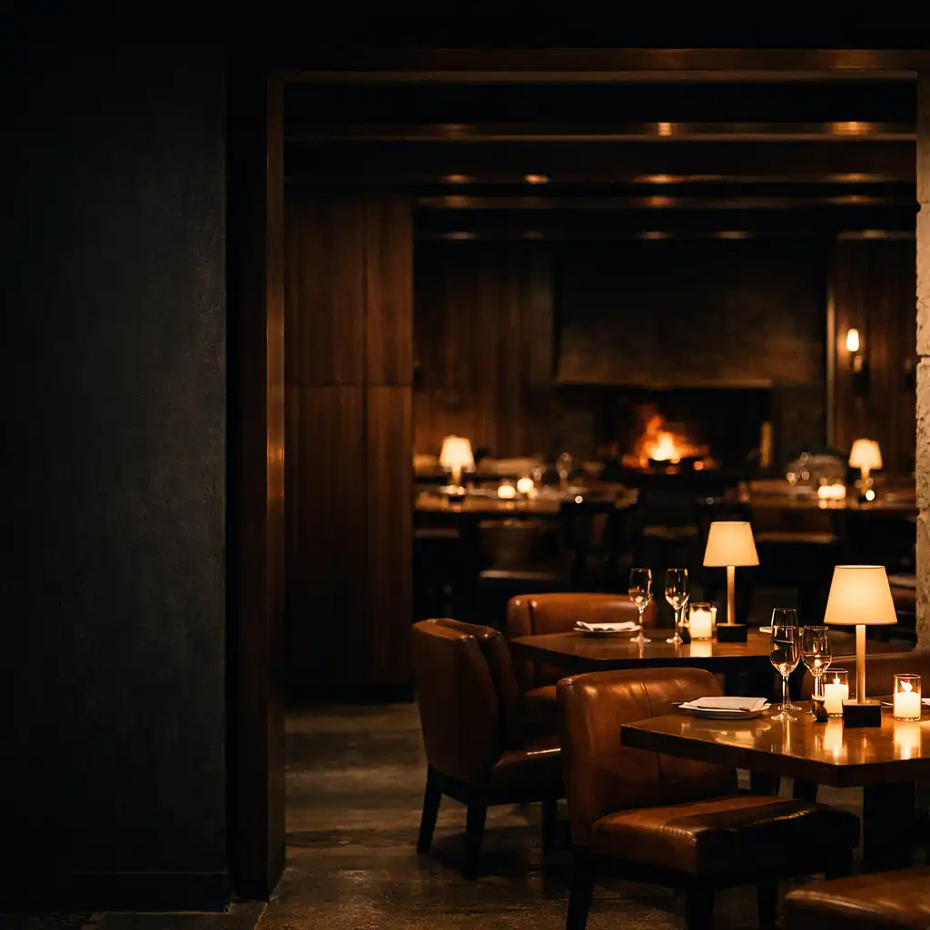 Candlelit dining room with dark timber, leather seating and brass lamps