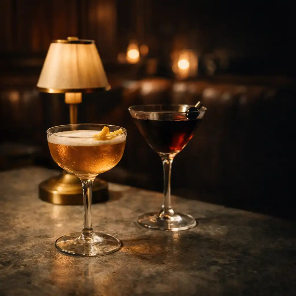 Cocktails on a stone table beneath a brass lamp