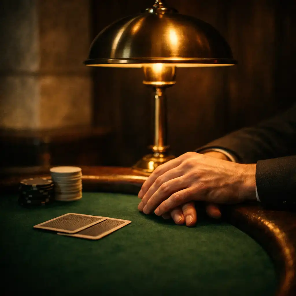 Anonymous hands near green felt beneath a brass lamp in the Card Lounge
