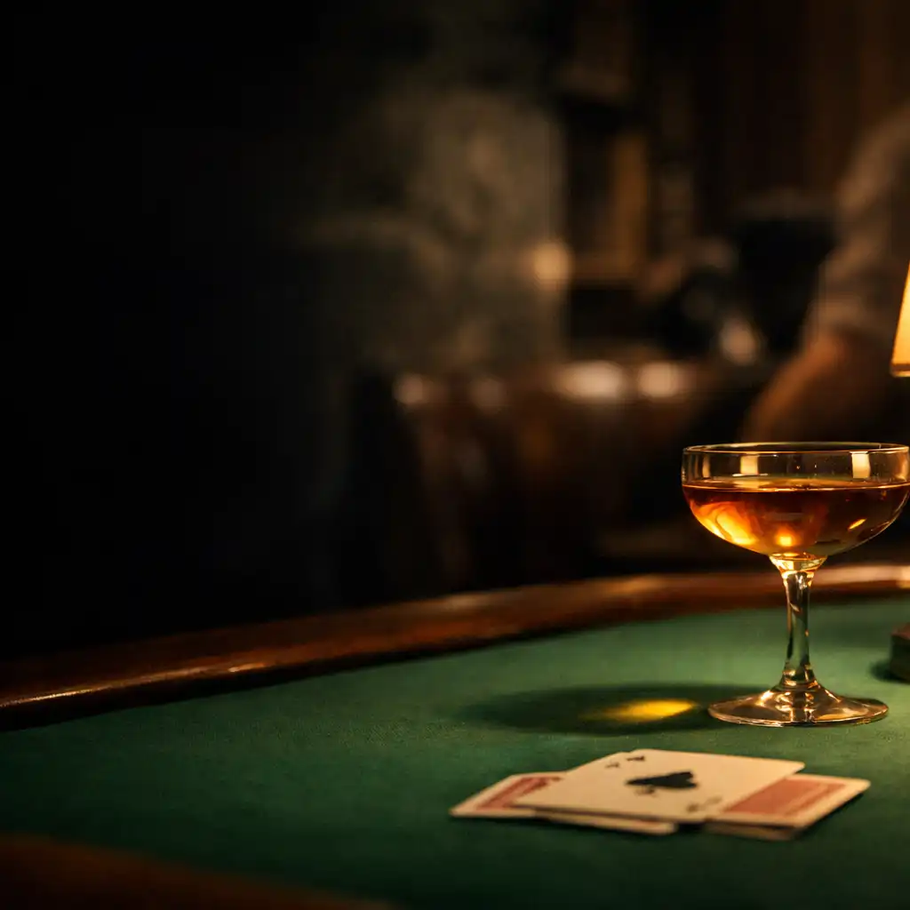A cocktail glass, physical cards and warm lamp light beside a green-felt table after dark