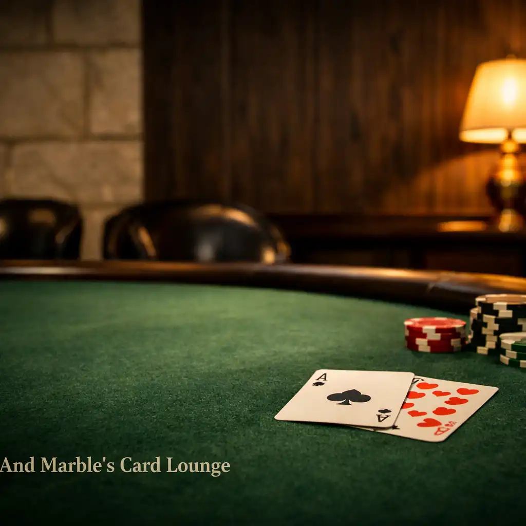 A prepared green-felt poker table with leather chairs and a brass lamp in Fold And Marble's Card Lounge