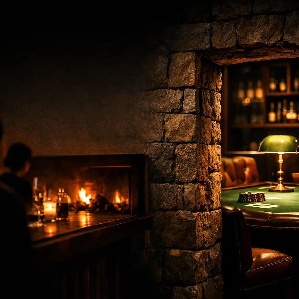 An ember-lit dining threshold opening into Fold And Marble's green-felt Card Lounge