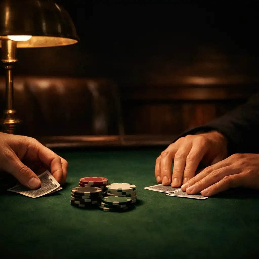 Guests' hands arranging physical cards on green felt beneath warm lamp light