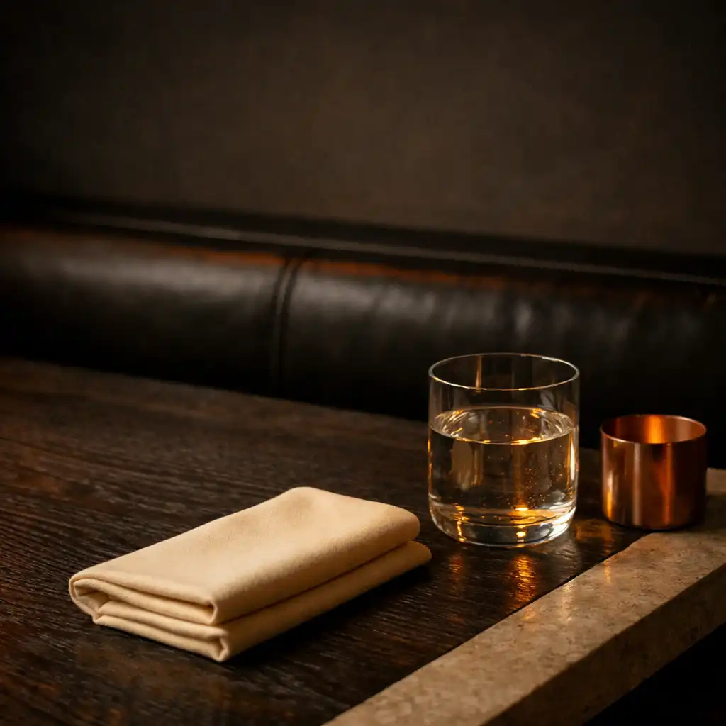 Dark timber, stone, cream napkin and a glass in warm restaurant light