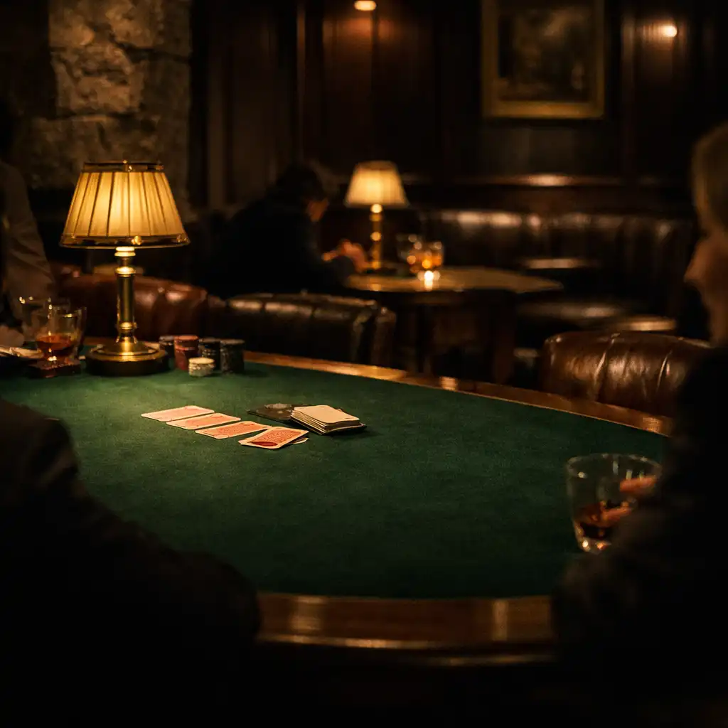 Late-night card salon with green felt, warm lamps, dark timber and leather seating