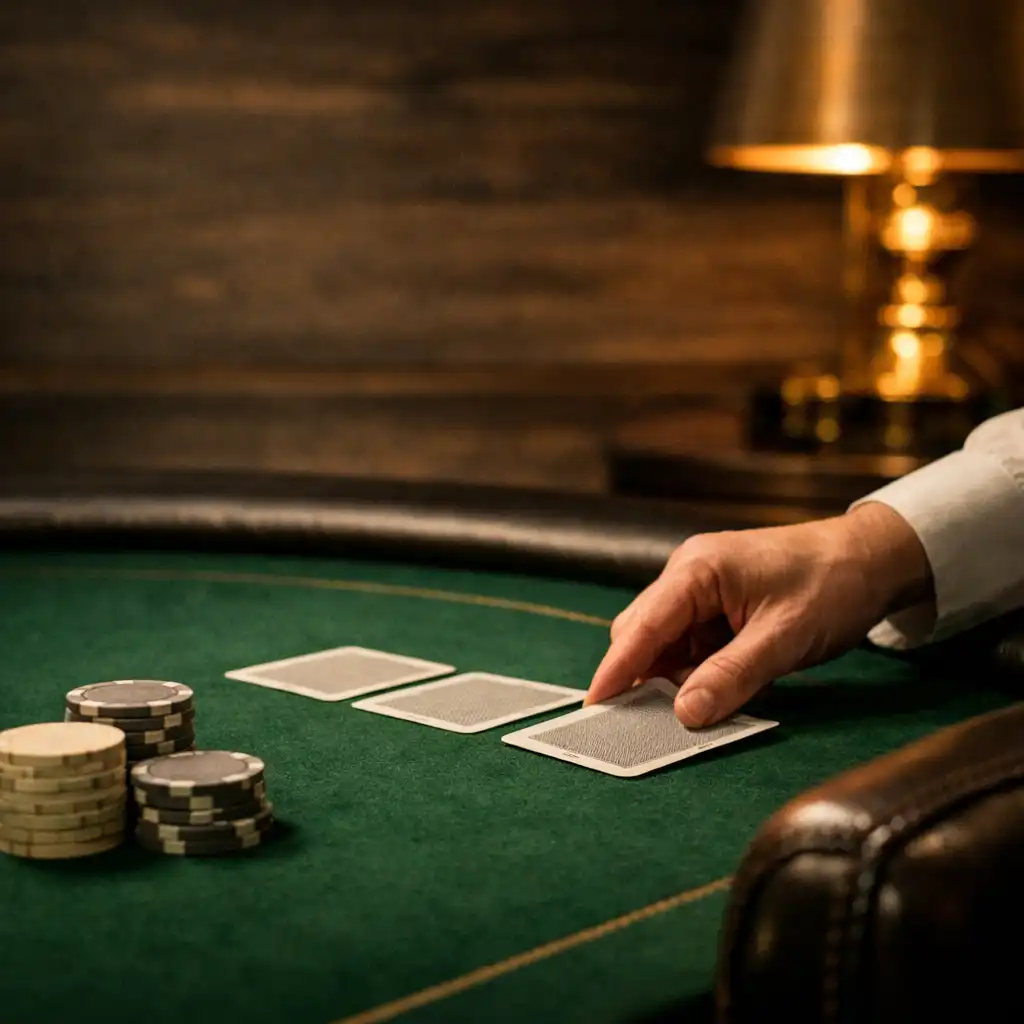 Hands placing community cards on deep green felt at an elegant physical poker table