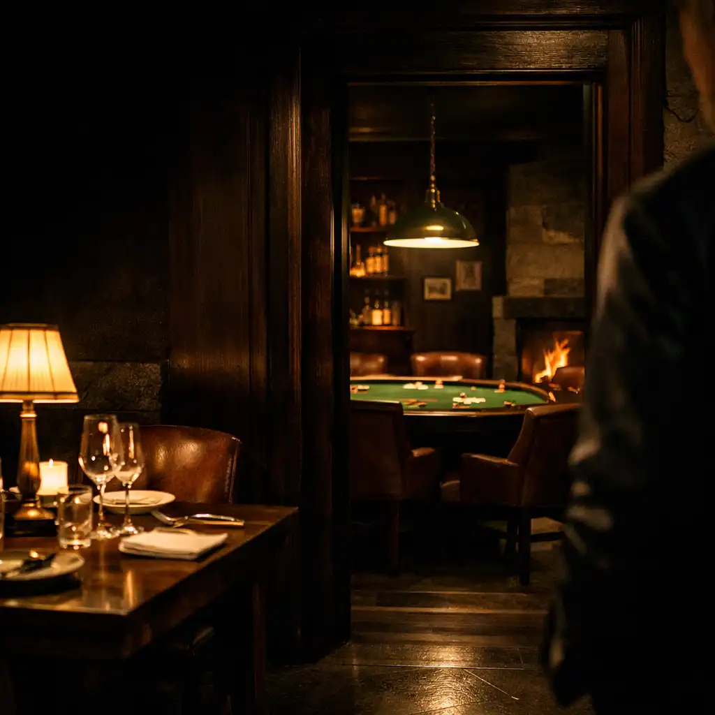 Warm woodfire dining light leading through a dark threshold toward a green felt card table