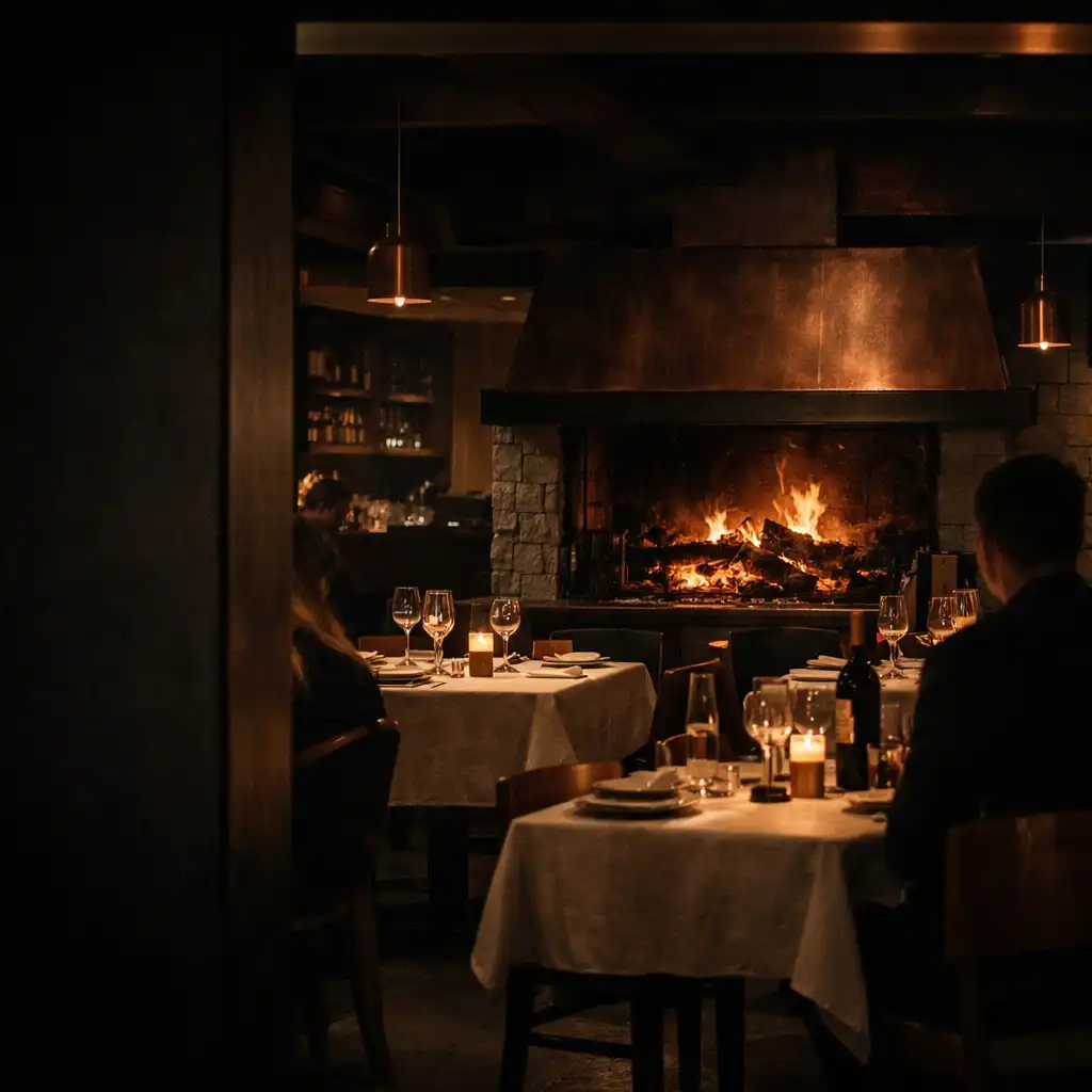 A fire-lit Fold And Marble dining room seen through a dark architectural threshold