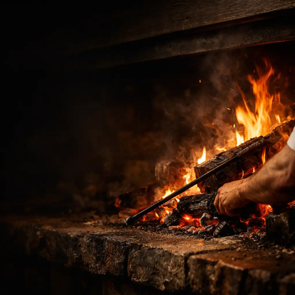Glowing embers within a dark timber and stone woodfire hearth.