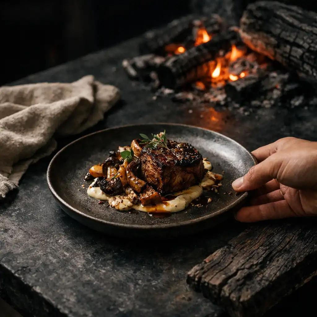 A plate being set on a dark stone table beside a faint ember glow.